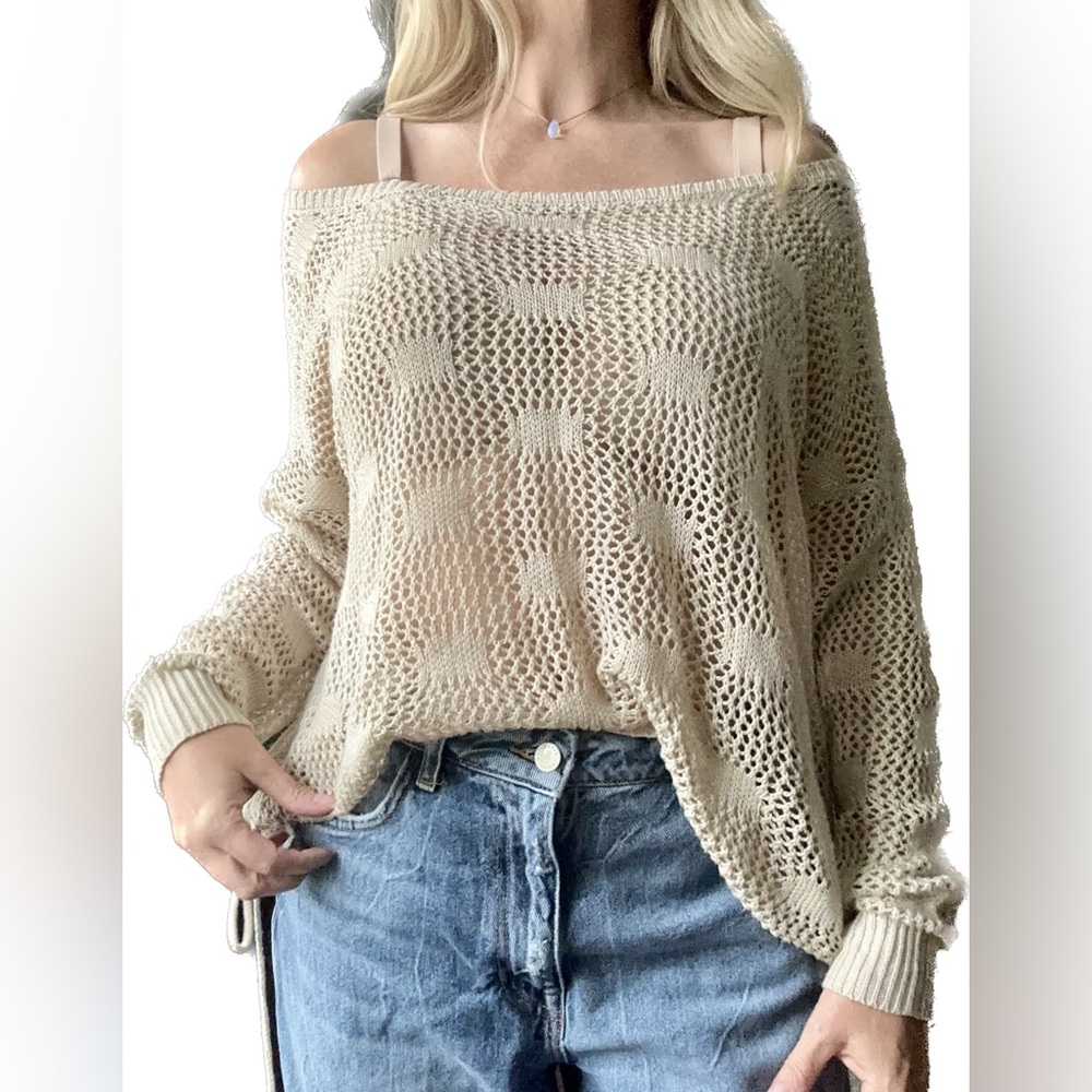 Medium Kismet Neutral knit mesh sweater with side cinch strings